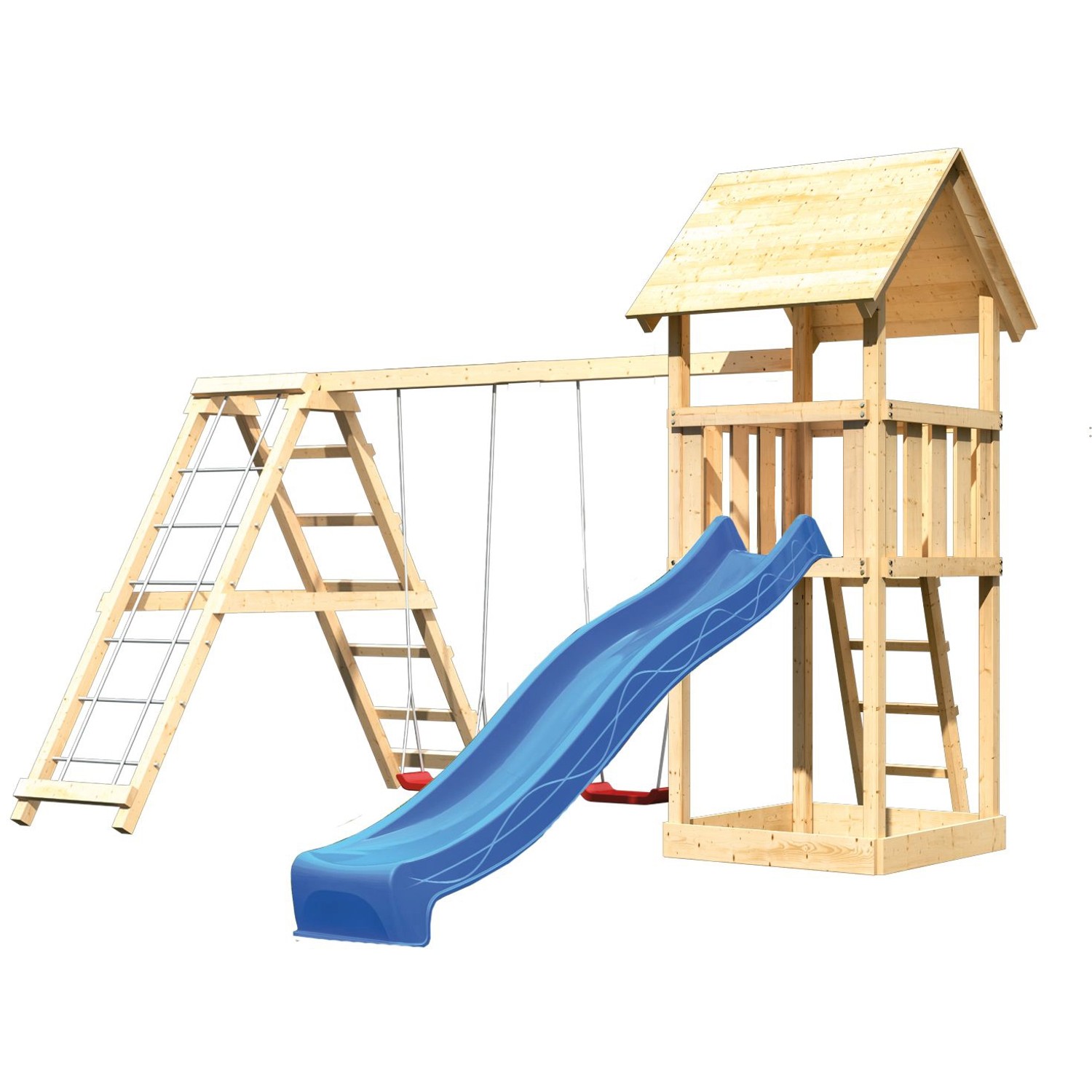 Karibu Spielturm Lotti mit Doppelschaukel, Klettergerüst und blauer Rutsche.