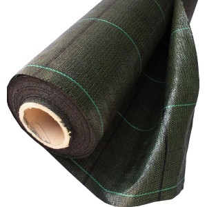 Rolle Unkrautblocker Folie, 1,0 m x 25 m, aus Polypropylen Gewebe mit grünen Markierungslinien.