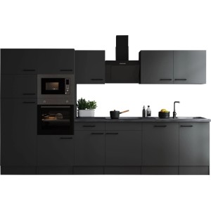 Moderne Respekta Küchenzeile Oliver, 340 cm, Grau Matt, mit E-Geräten und Spüle.
