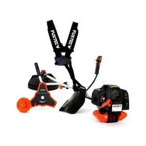 FUXTEC Benzin Motorsense FX-MS152 Multitool 2in1. Schwarz-orange Freischneider mit Motor, Tragegurt und 3-Zahn-Messer.
