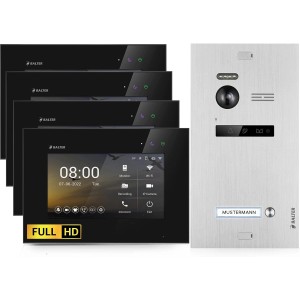 Balter EVO-HD Video-Türsprechanlage Set mit 4 Monitoren und Türstation in Silber-Schwarz.