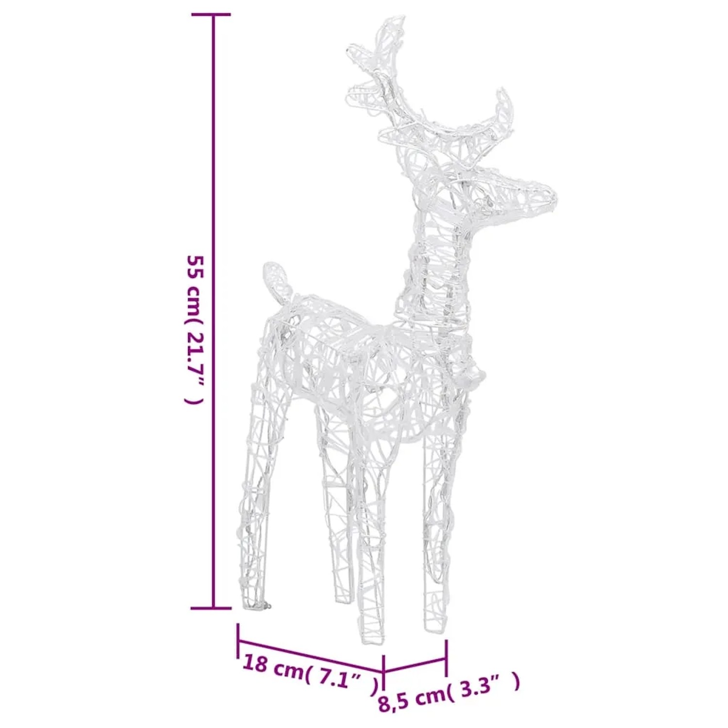 Weißes Acryl-Rentier, 55 cm hoch, für vidaXL Weihnachtsdekoration. Außen-Weihnachtsfigur mit warmweißem LED-Licht.