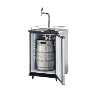 Ich-Zapfe Bierzapfanlage BK160 schwarz mit geöffneter Tür und Bierfass im Innenraum.