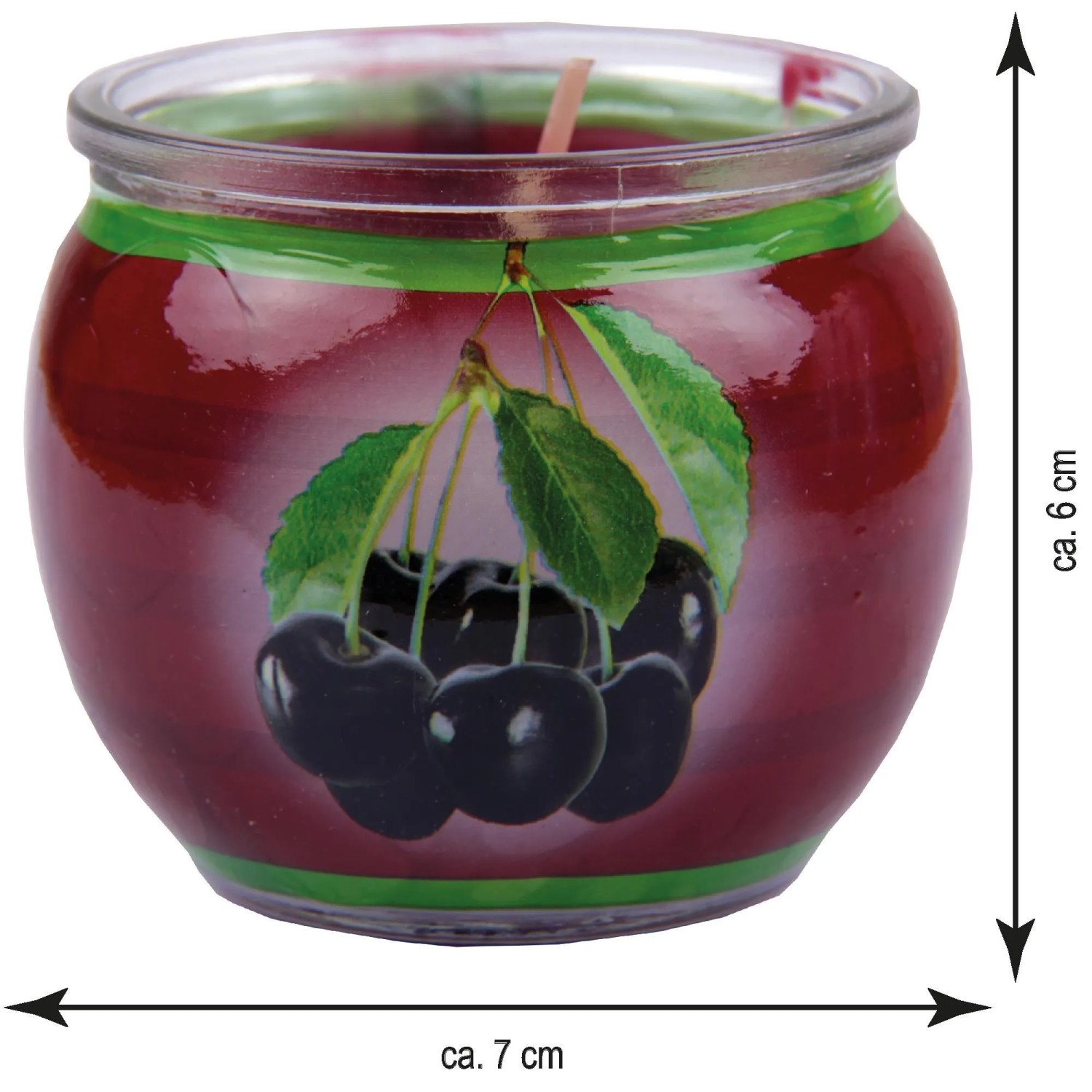 HS Candle Duftkerze Black Cherry im Glas mit Kirsch-Motiv, ca. 6 cm hoch.