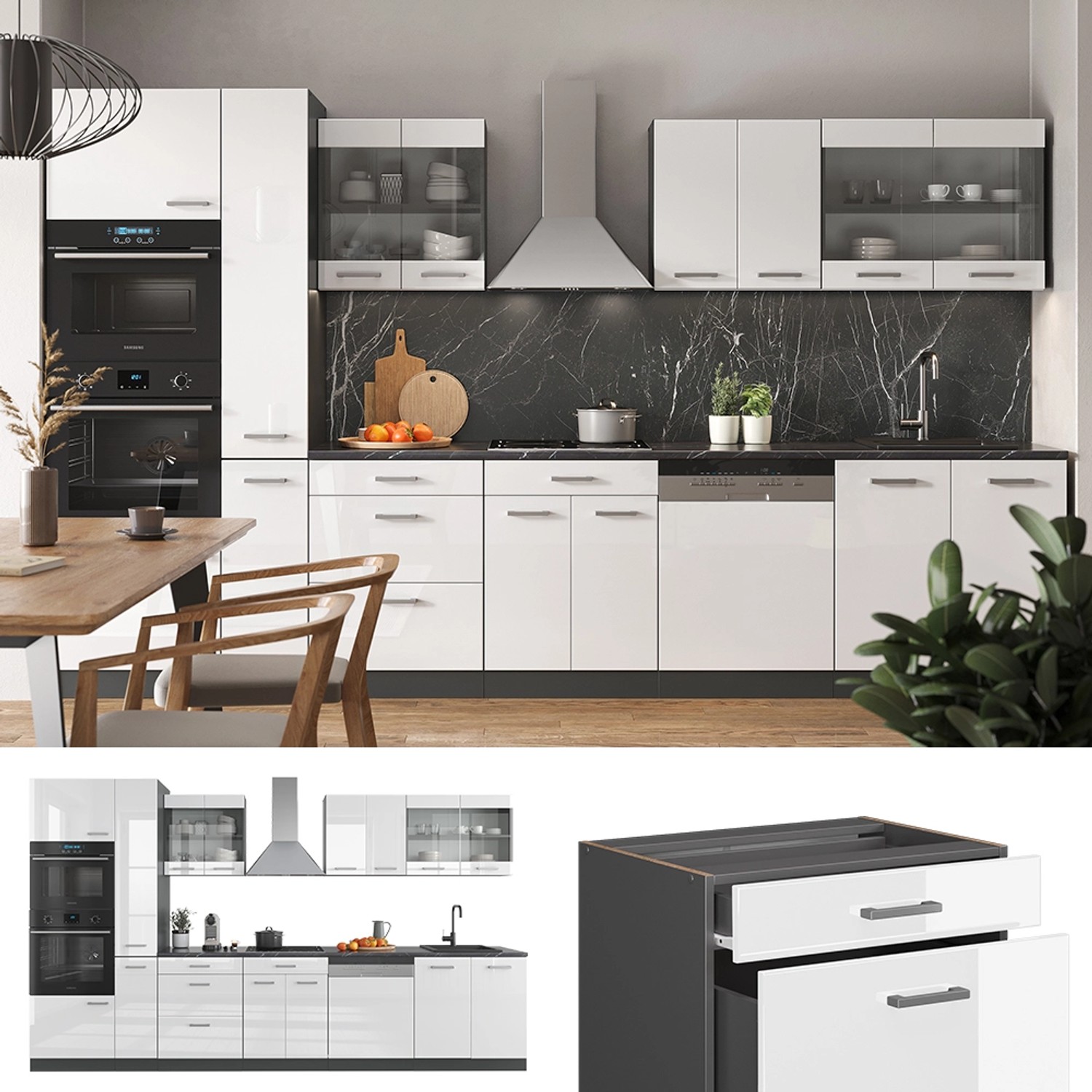 Vicco R-Line Küche, 350 cm, Weiß Hochglanz/Anthrazit, ohne Arbeitsplatte. Küchenzeile mit Hochschrank.