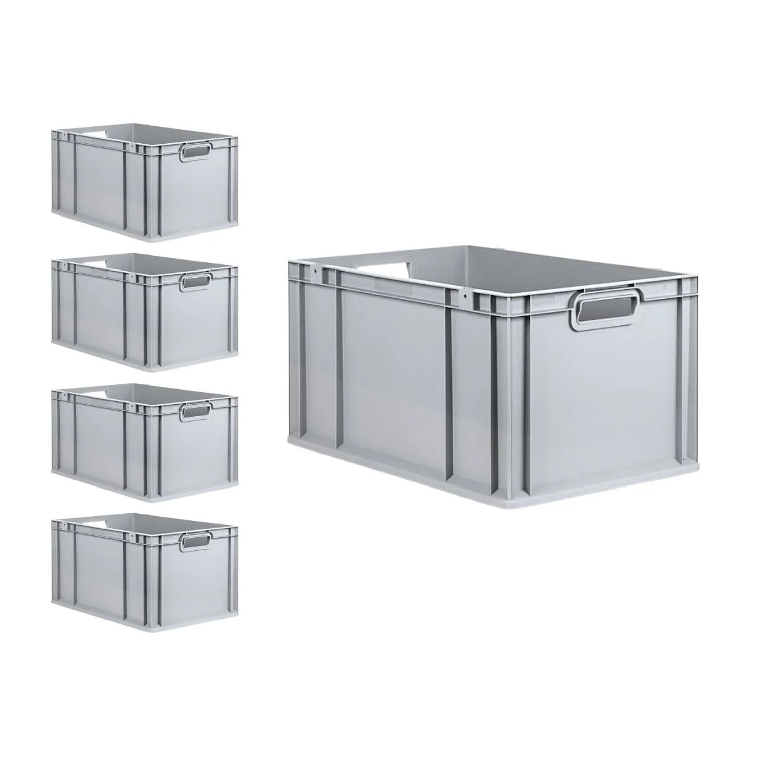 PROREGAL SuperSparSet: 5 graue Euroboxen mit Griffmulden, ideal zur Aufbewahrung.