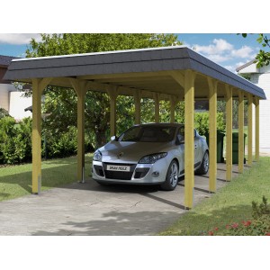 Skan Holz Carport Spreewald mit schwarzer Blende, Holzkonstruktion mit Auto. Einzelcarport für optimalen Schutz.