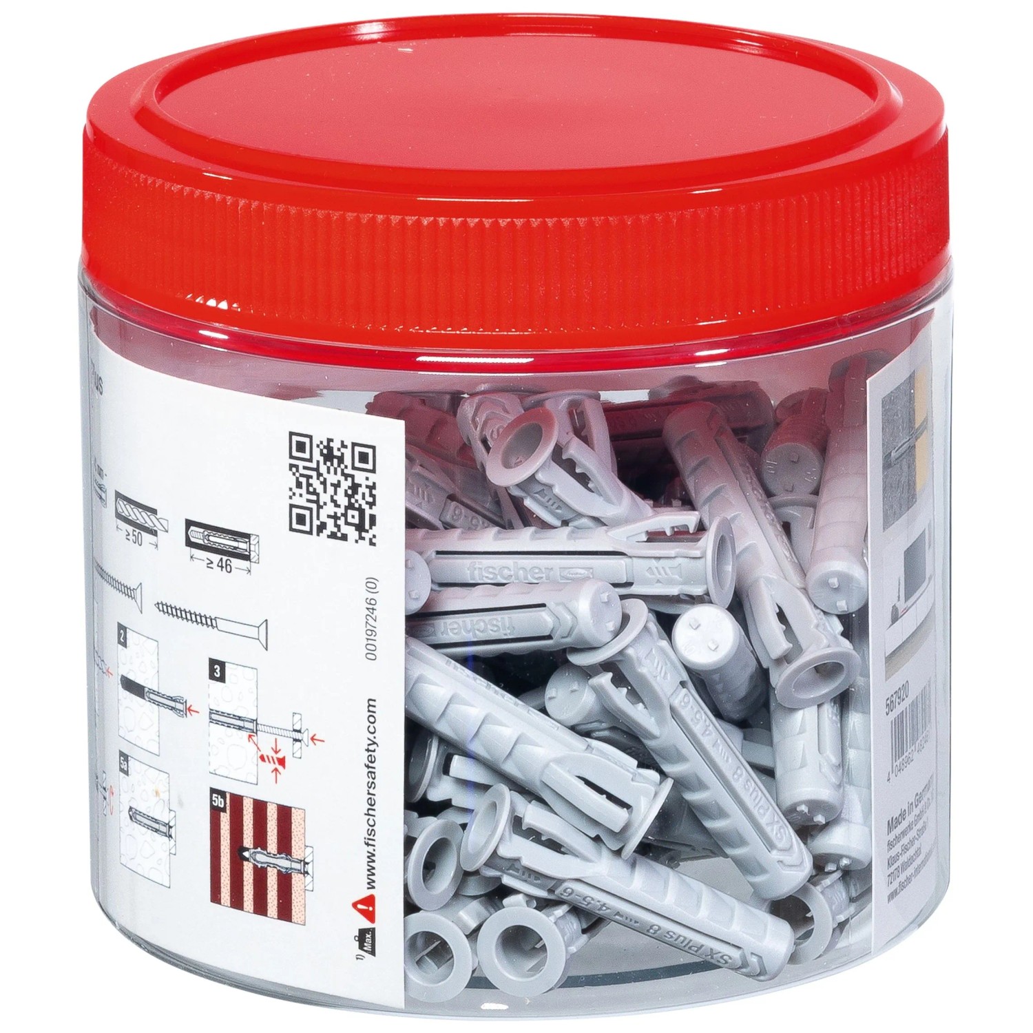 fischer Spreizdübel SX Plus 8x40, 80 Stück im transparenten Behälter mit rotem Deckel.
