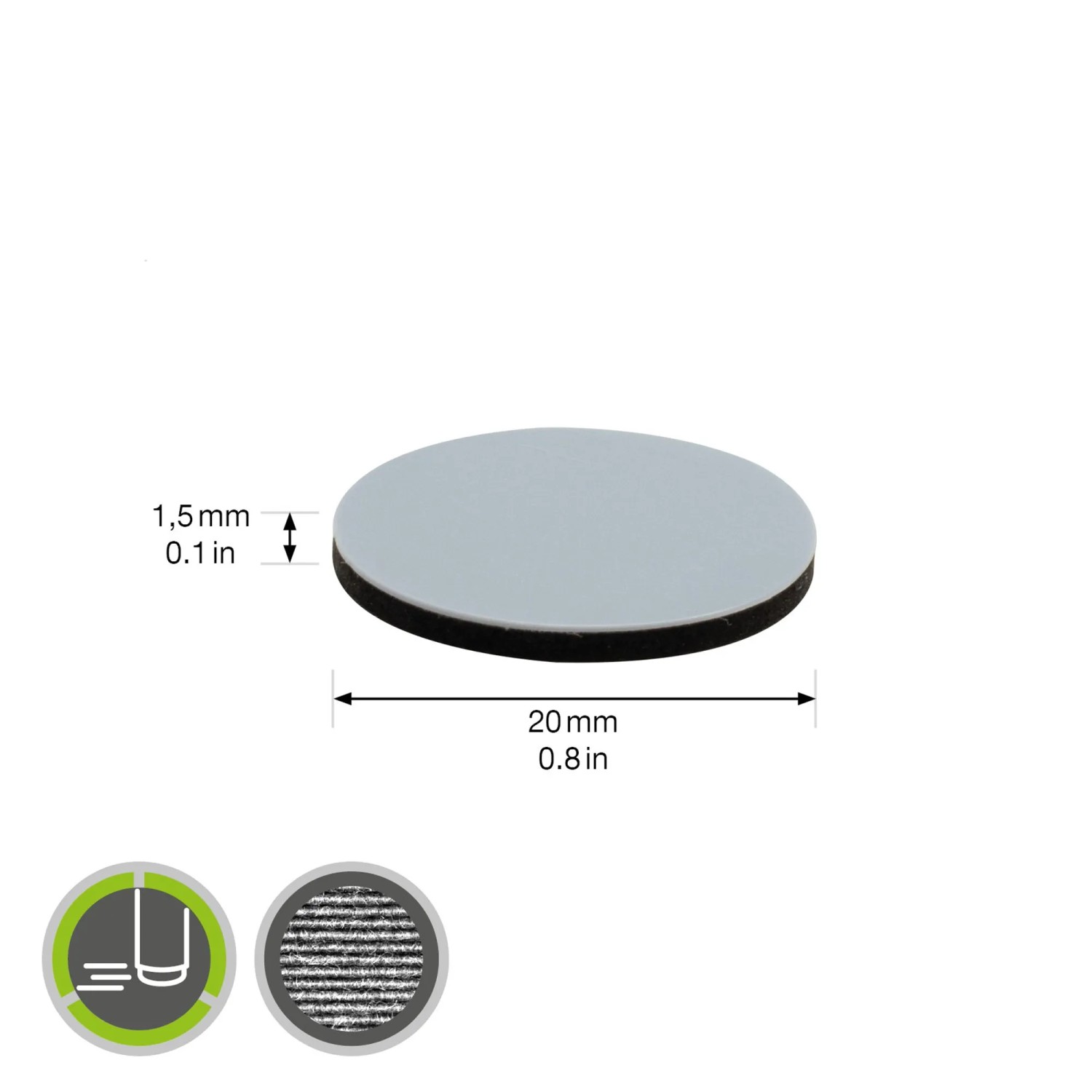 Wagner Gleiter-Set EH1120, Ø 20mm, grau: Einzelner Möbelgleiter aus PTFE mit Maßangaben.