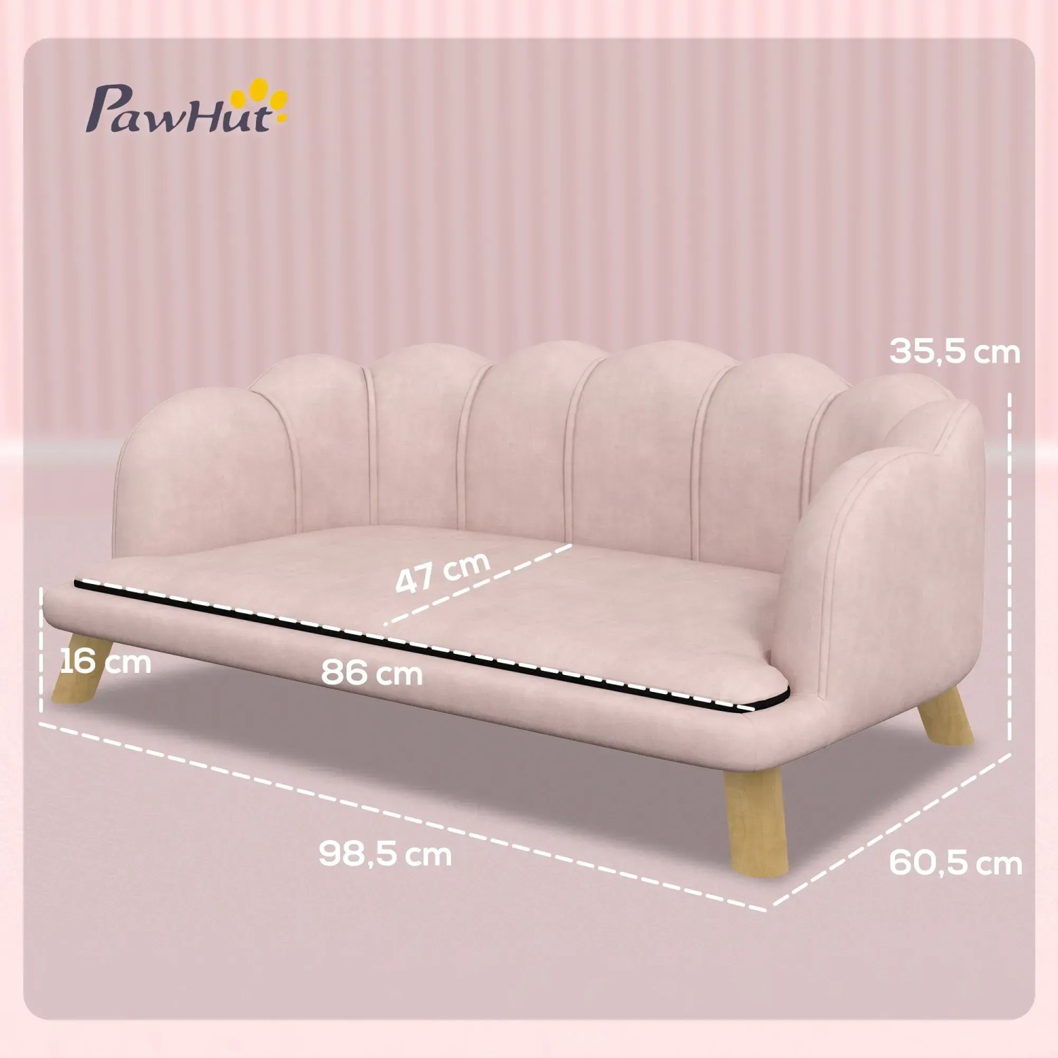 Rosa PawHut Hundesofa mit Holzfüßen und Maßangaben.