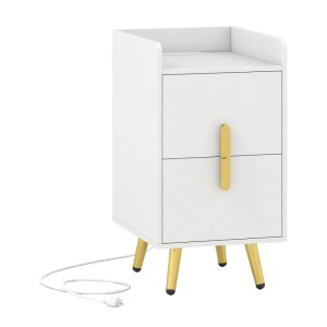 Weißer Nachttisch mit 2 Schubladen, goldenen Griffen und Beinen. Integrierte Ladestation, schmaler Nachtschrank.
