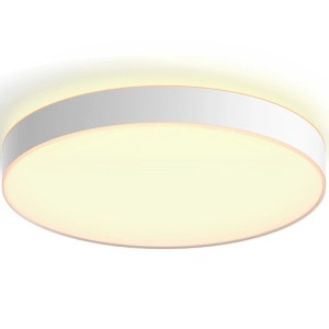 Weiße Philips Hue Enrave XL Deckenleuchte mit warmweißem Licht und Dimmer.
