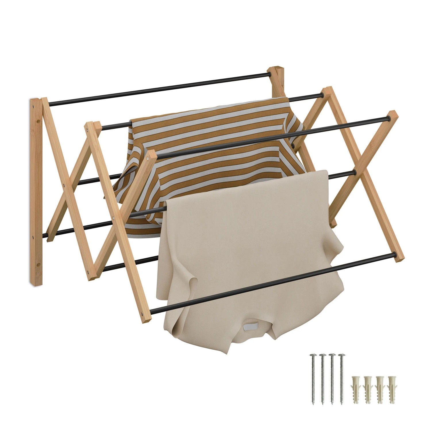 Relaxdays Wäscheständer Bambus Schwarz Ausziehbar 45 cm x 71,5 cm x 59 cm