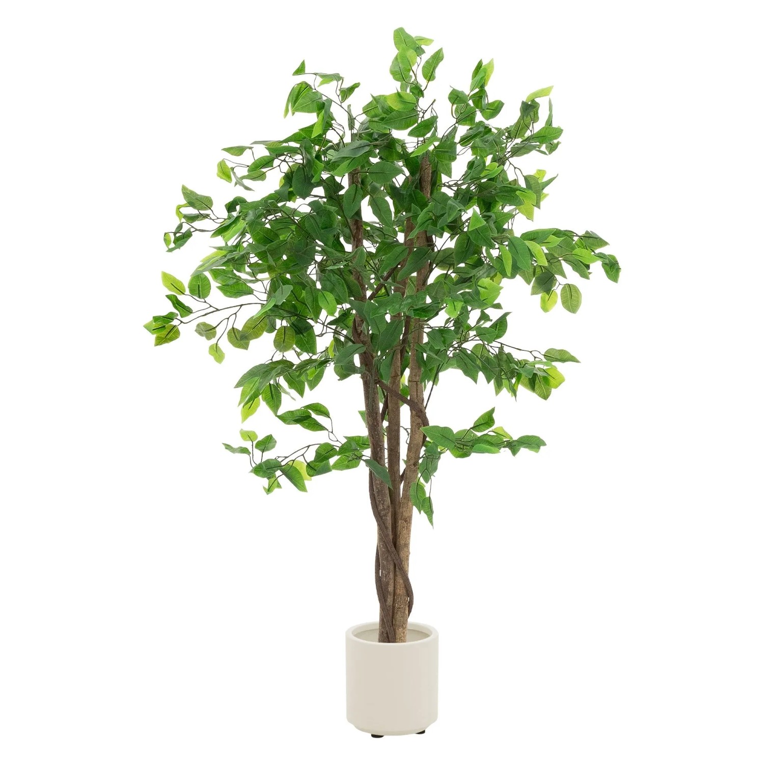 ML-Design Kunstpflanze Ficus 120 cm mit naturgetreuem Holzstamm und dichten grünen Blättern im weißen Topf.