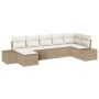 Beige 7-teilige Garten-Sofagarnitur aus Rattan mit Kissen.