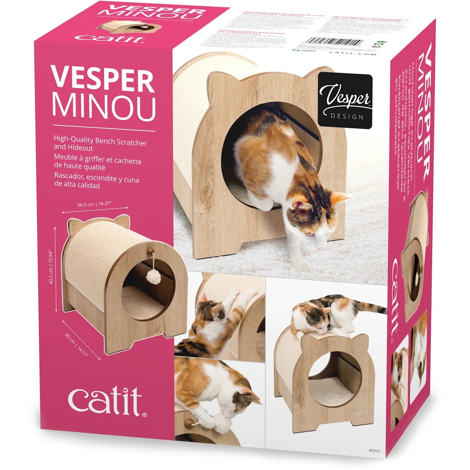 Vesper Katzenhöhle Minou in Eichenoptik mit Kratzmatte und Kissen, ideal zum Spielen und Ausruhen.