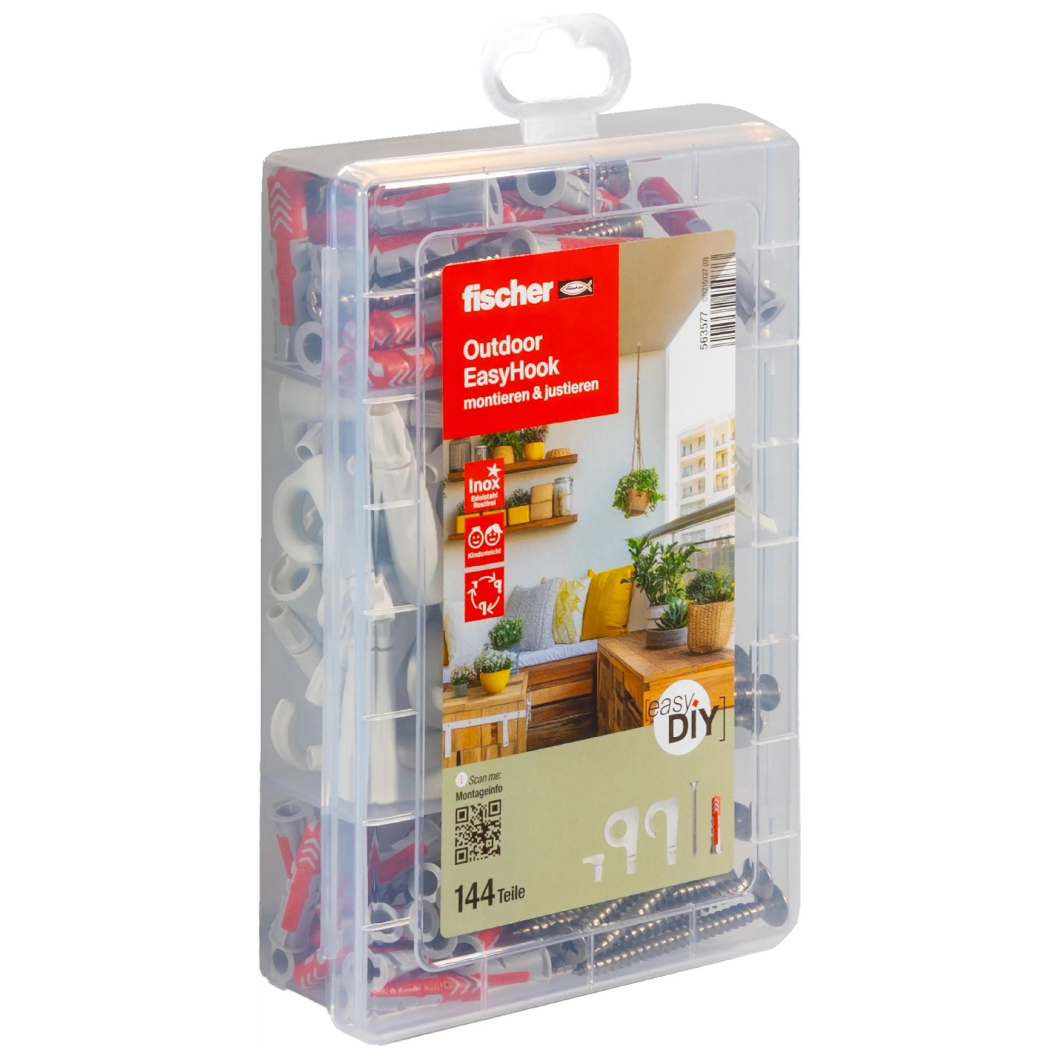 Fischer Universaldübel- und Haken-Set EasyDIY Box Outdoor, 144-teilig, in transparenter Kunststoffbox.