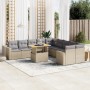 Beige 11-tlg. Garten-Sofagarnitur aus Polyrattan mit hellgrauen Kissen und höhenverstellbarem Tisch.