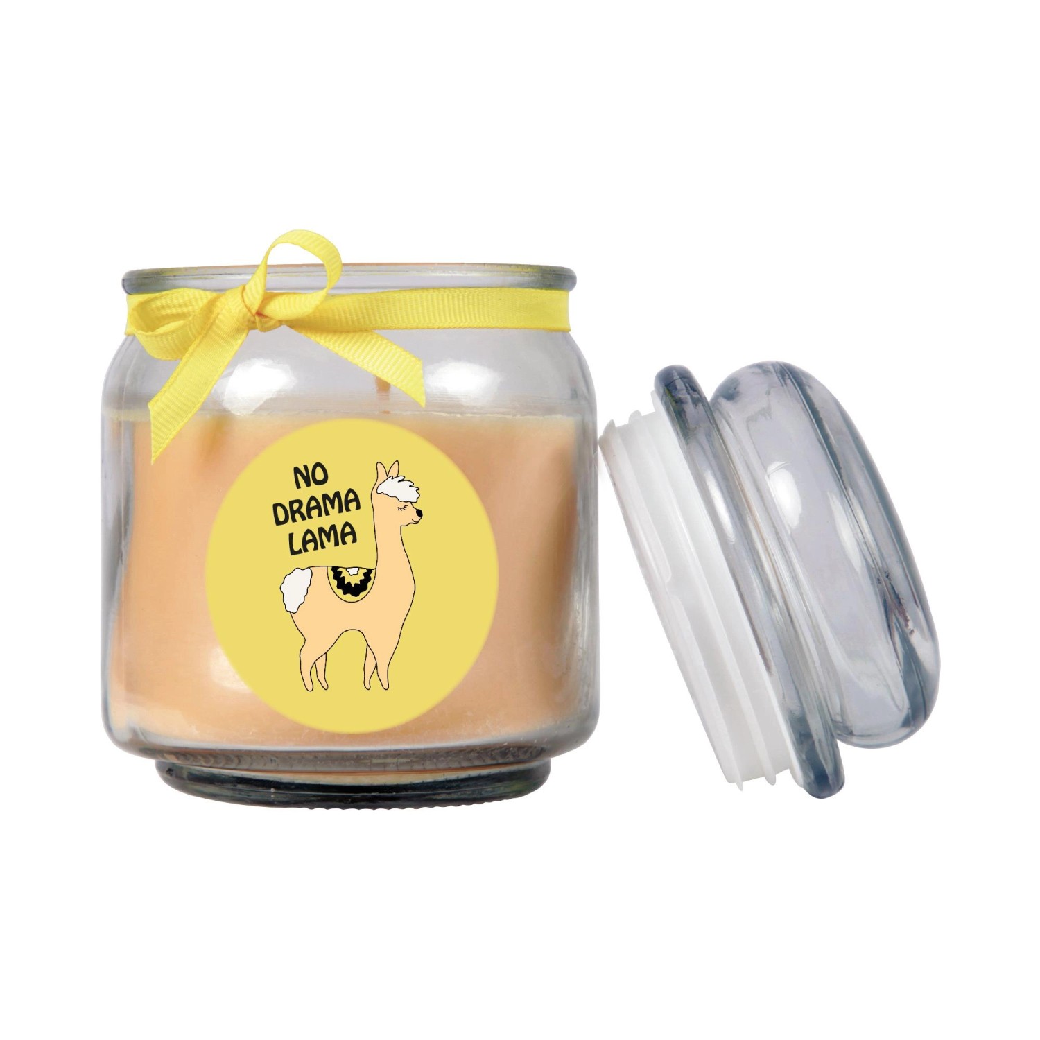 Gelbe Duftkerze im Bonbonglas mit Lama-Motiv und Vanilleduft.