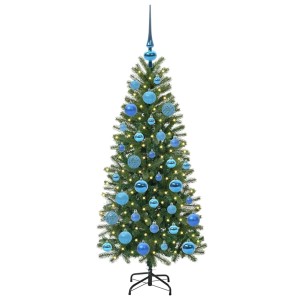 Geschmückter, grüner, künstlicher Weihnachtsbaum mit 150 LEDs und blauen Kugeln, 120 cm hoch.