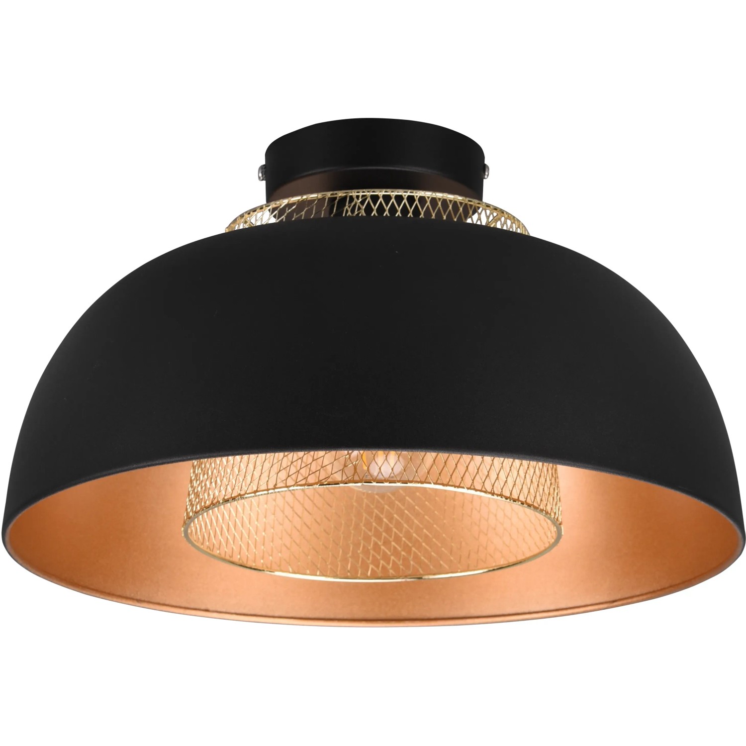 Schwarze Reality Deckenleuchte Punch, Ø 35cm, im Industrial Look mit goldenem Gitter.