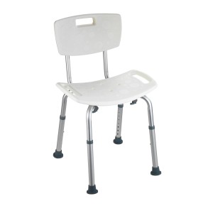 Weißer Wenko Badhocker Secura mit Rückenlehne, höhenverstellbar und mit Aluminiumbeinen.