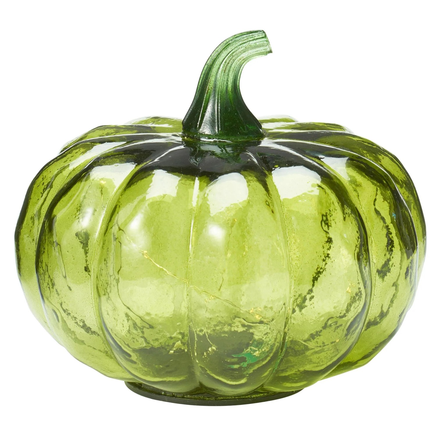 Grüne Kürbis Glaslampe mit LED-Beleuchtung, 15 cm. Dekorative Figur für Herbst & Halloween.