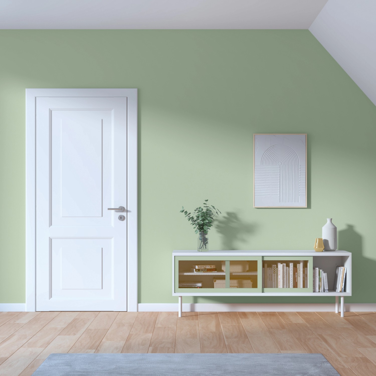 Wohnraum mit Wandfarbe Maja Jadegrün von CREATE! by OBI, mit Tür, Kommode und Deko.