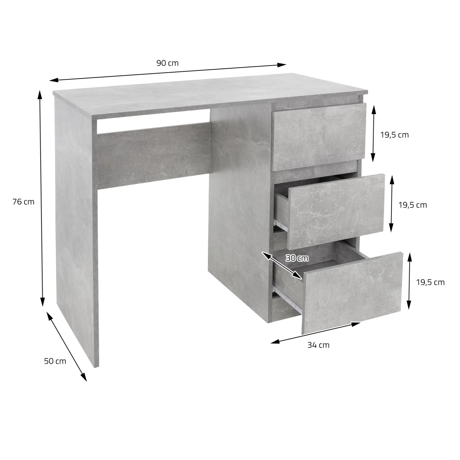 ML-Design Schreibtisch mit 3 Schubladen, Beton-Optik grau, 90x76x50cm. Arbeitstisch für Büro und Jugendzimmer.