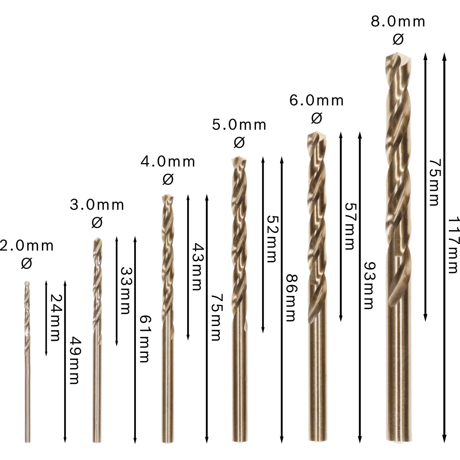 HSS-Co Metallbohrer-Set, 6-teilig, mit Spiralbohrern in verschiedenen Größen von 2mm bis 8mm.