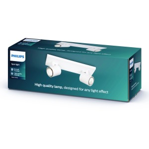 Verpackung der weißen Philips Spot 2er Runner Leuchte aus Metall für GU10 Leuchtmittel.