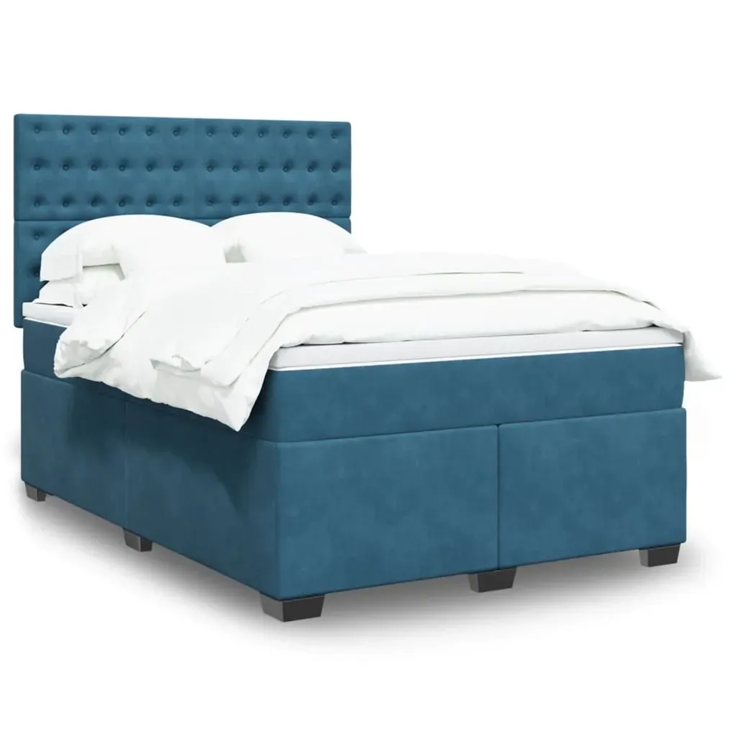 Blaues vidaXL Boxspringbett mit Matratze, Samtbezug und gestepptem Kopfteil.