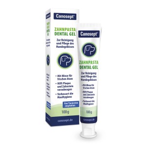 Canosept Dental Gel für Hunde, 100g Tube und Verpackung. Hunde-Zahnpflege für Maulhygiene und frischen Atem.