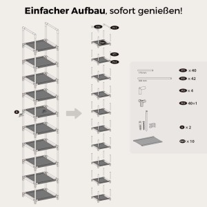 Montageanleitung für das Sekey 10-Ebenen Schuhregal. Zeigt Metallgestell, Vliesstoffablagen und einfachen Aufbau.