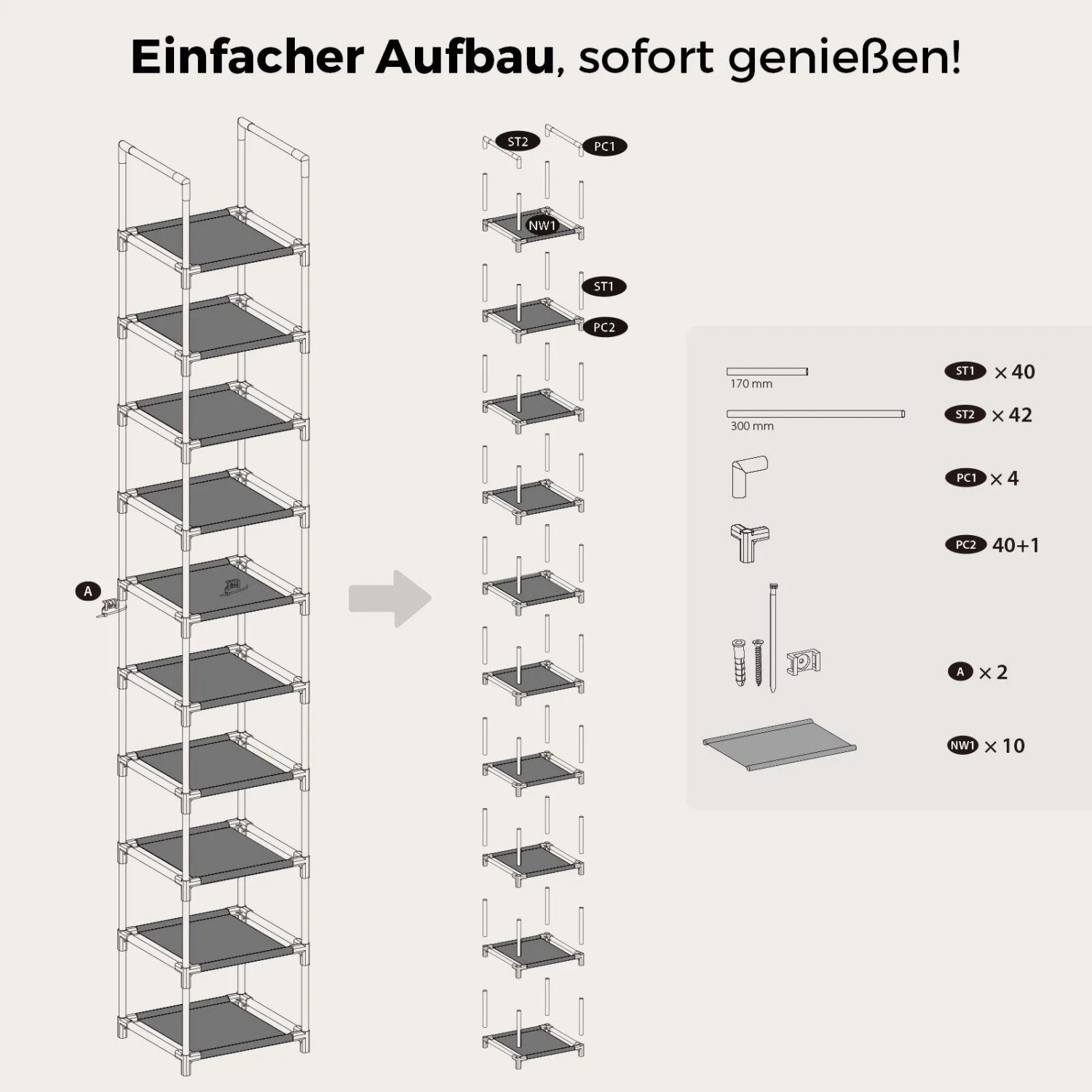 Montageanleitung für das Sekey 10-Ebenen Schuhregal. Zeigt Metallgestell, Vliesstoffablagen und einfachen Aufbau.