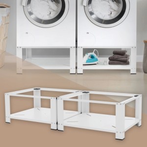 Weißes ML-Design Doppel Waschmaschinen Untergestell mit 2 Ablagen, 128x54 cm. Erhöht Geräte, bietet Stauraum für Zubehör.