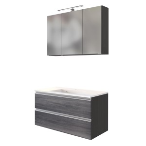 Held Möbel Waschtisch-Set Neapel, 100 cm, Eiche Rauchsilber/Graphitgrau mit Spiegelschrank.