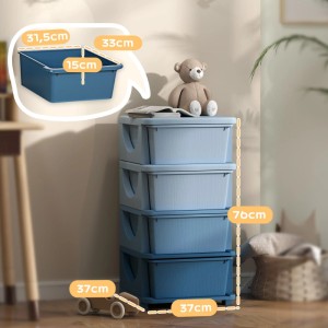 Blauer HOMCOM Kunststoff-Schubladenschrank mit 4 Fächern, 37x37x76 cm, für Kinderzimmer-Aufbewahrung.