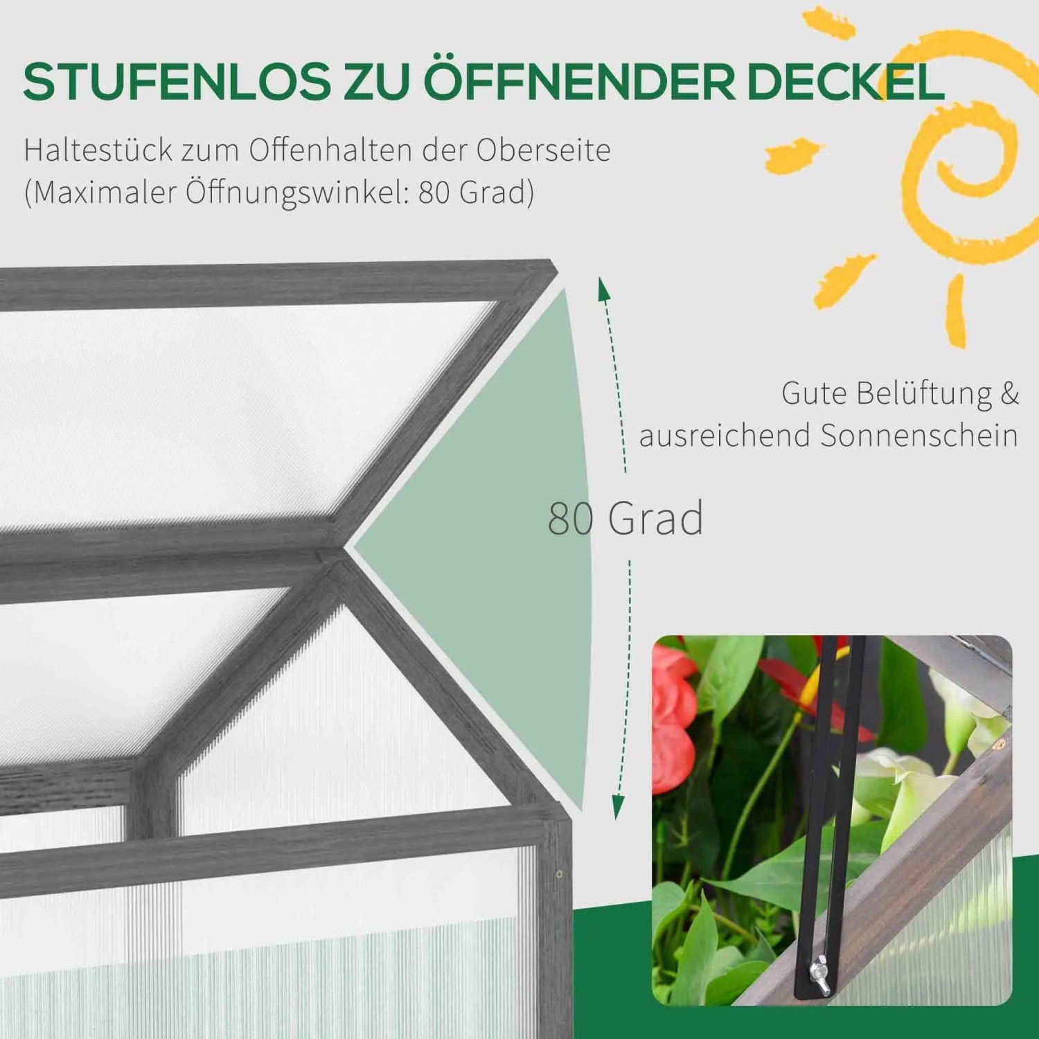 Graues Gewächshaus mit geöffnetem Dach, das eine stufenlose Belüftung bis 80 Grad ermöglicht. Ideal für Pflanzenanzucht.