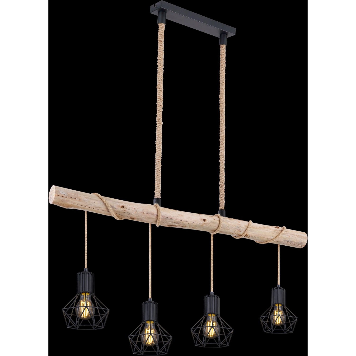 Schwarze 4-flammige Pendelleuchte Priska mit Holz und Hanfseil, modernes Design für den Innenbereich.