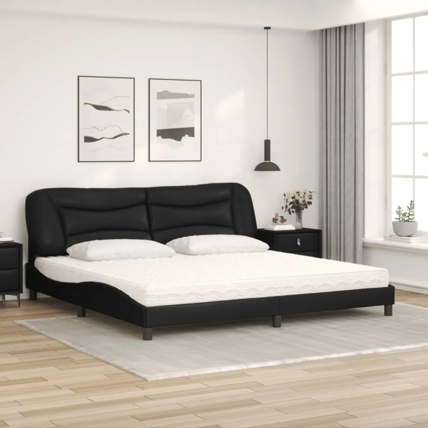 Schwarzes vidaXL Bett mit Kunstlederbezug, Matratze und wellenförmigem Kopfteil (200x200 cm).