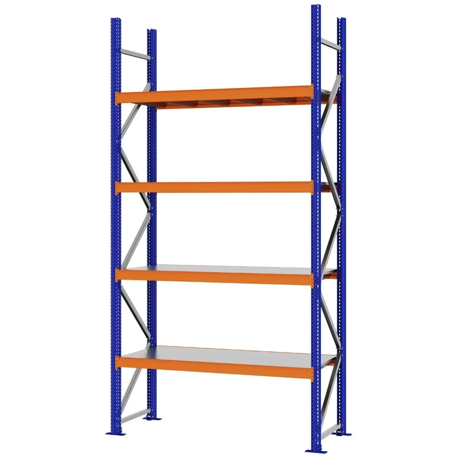 PROREGAL Weitspannregal Schraub-Stecksystem MAGNUS PRO Made In Germany Grundregal 300x150x50cm 4 Ebenen Stahlböden Fachlast 750kg Blau/Orange