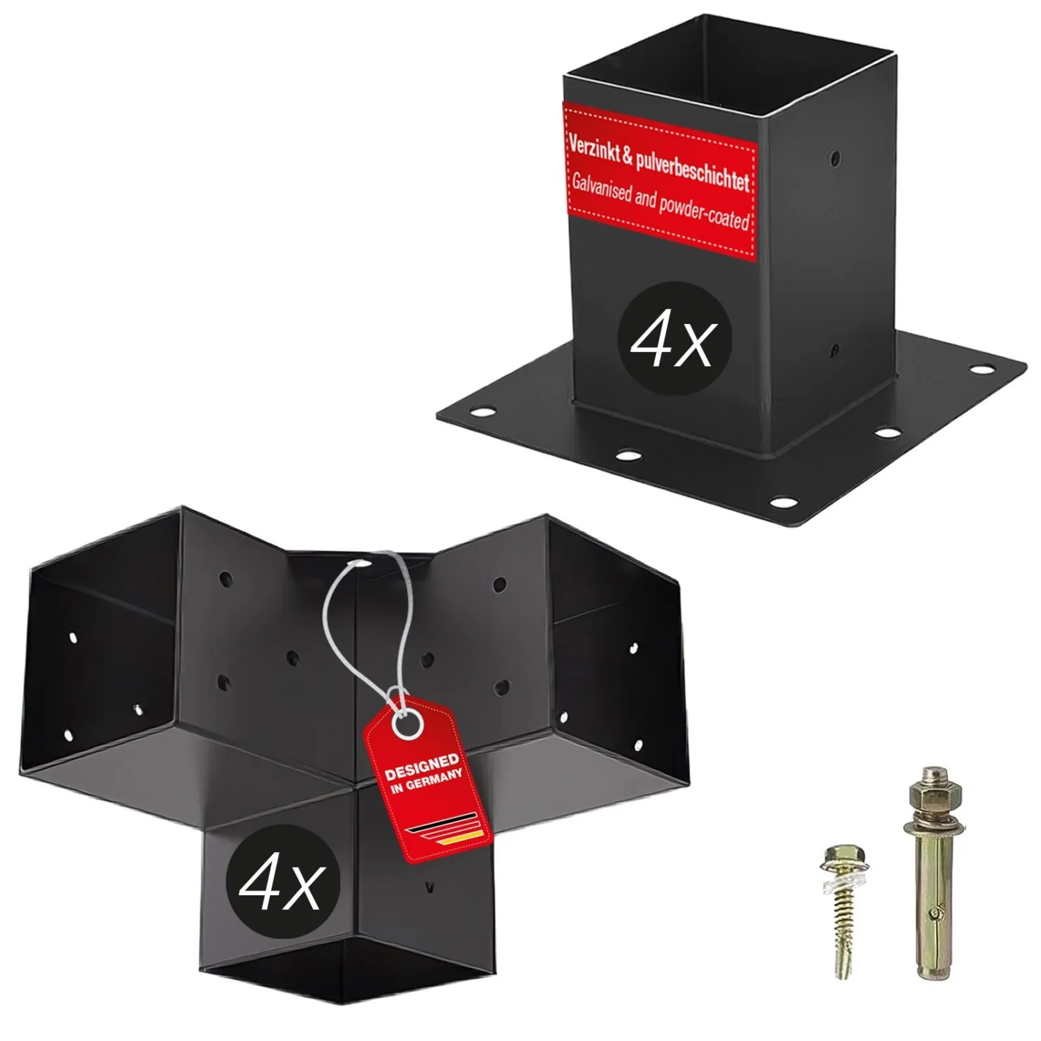 SOTECH Aufbau Set 8-teilig 4x Eckverbinder 4x Bodenhülse Vierkant 100 x 100 mm Stahl Verzinkt Schwarz Pulverbeschichtet