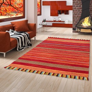 Rot-gestreifter Pergamon Natur Teppich Kelim Kalleen (120x180cm) mit bunten Fransen. Kurzflorteppich für Wohnräume.