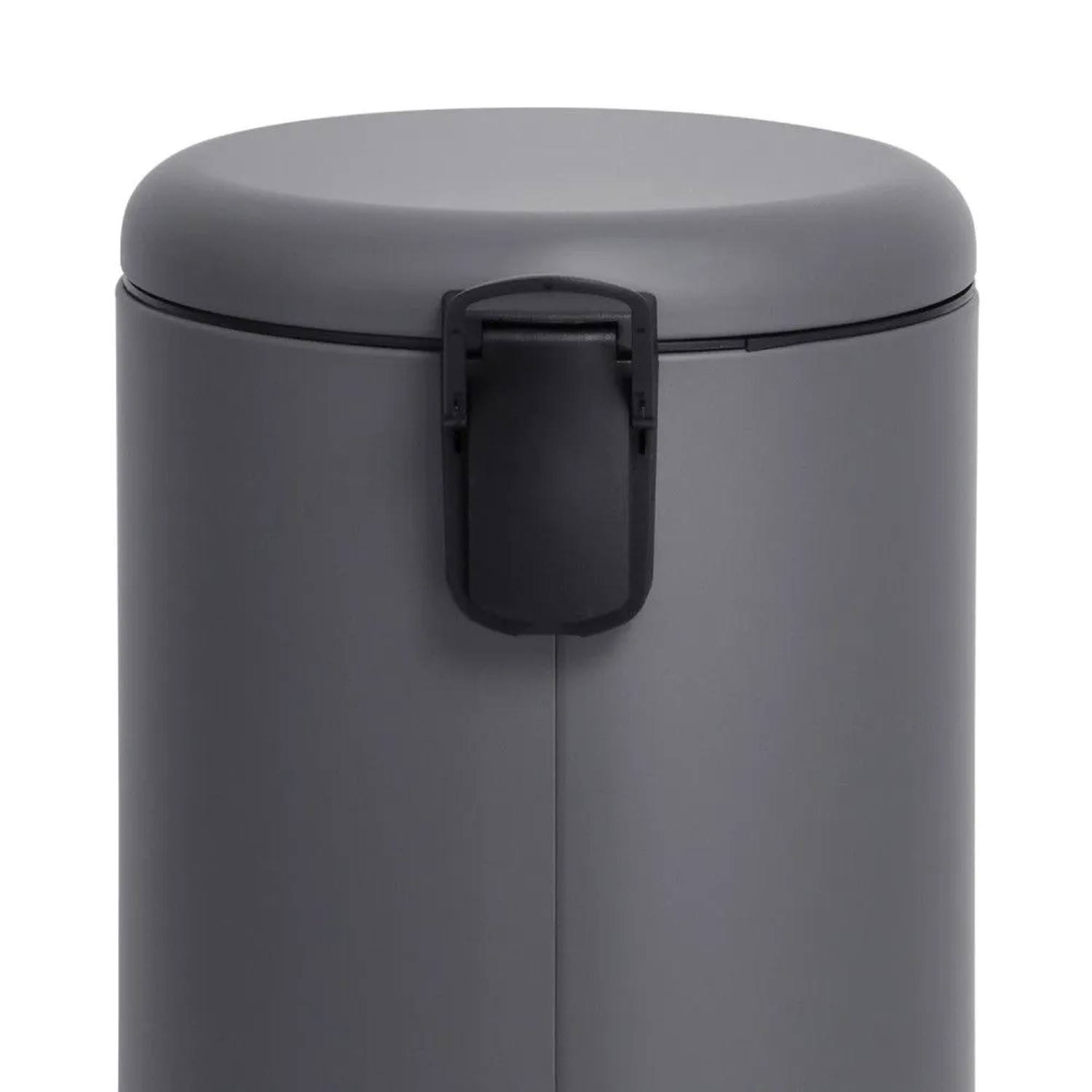 Grauer Svita T30 Treteimer, 30 Liter, mit rundem Deckel und schwarzem Verschluss.