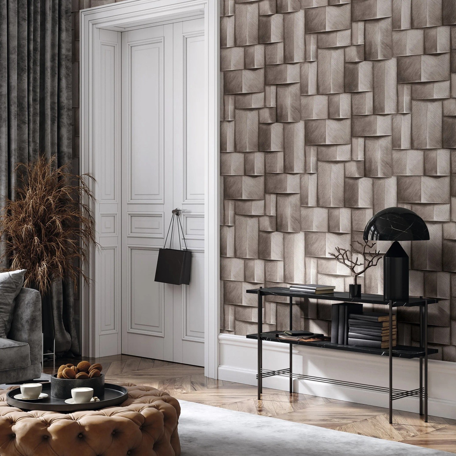 Moderne Vliestapete in Braun-Beige mit grafischer 3D-Optik von Marburg, passend zur Wohnraumgestaltung.