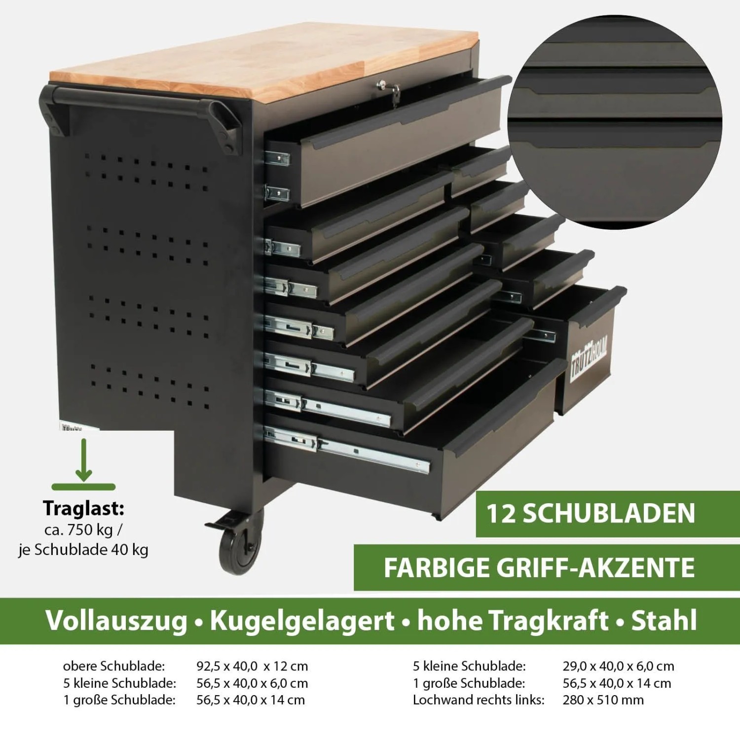 TRUTZHOLM Werkstattwagen Star XL, unbestückt, mit 12 Schubladen, Stahl, schwarz-grau.