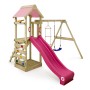 Wickey Spielturm FreeFlyer mit Rutsche in Pastellpink, Schaukel und Kletterwand.