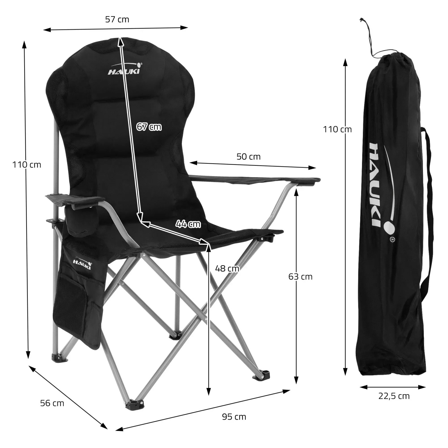Hauki Campingstuhl 2er Set, faltbar, schwarz, mit Tragetasche und Maßen.