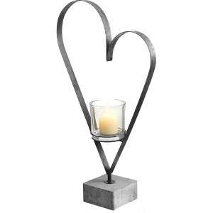 Windlicht Herz auf Betonfuß, 80cm, anthrazitfarbenes Metall, mit Kerze im Glas. Romantische Deko für Innen & Außen.
